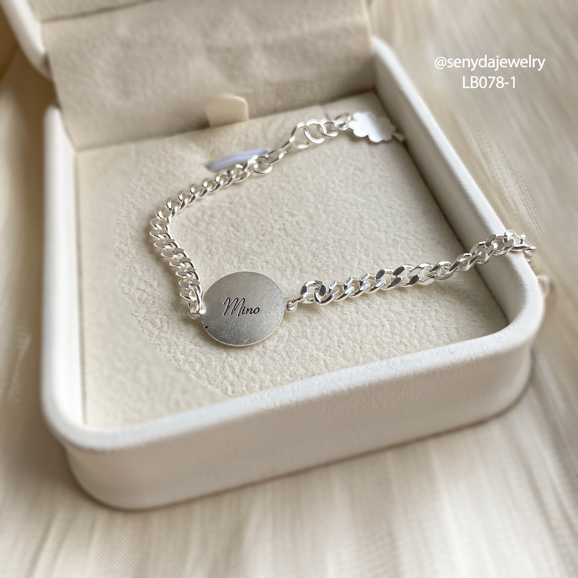 Sterling Silver 925 Custom Engraved Baby Name In Curb Bracelet - Round Disc