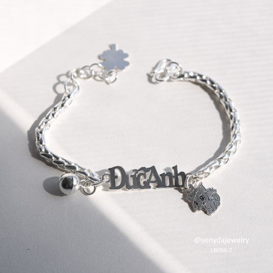 Sterling Silver 925 Personalized Baby Name And Charms In Palma Chain Bracelet