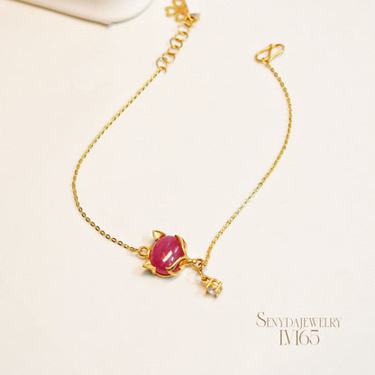 10K Solid Gold Pink Ruby Fox Bracelet And CZ Stone