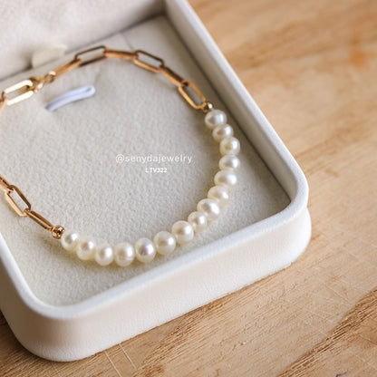 14K Solid Gold Freshwater Pearl And Chain Link Bracelet