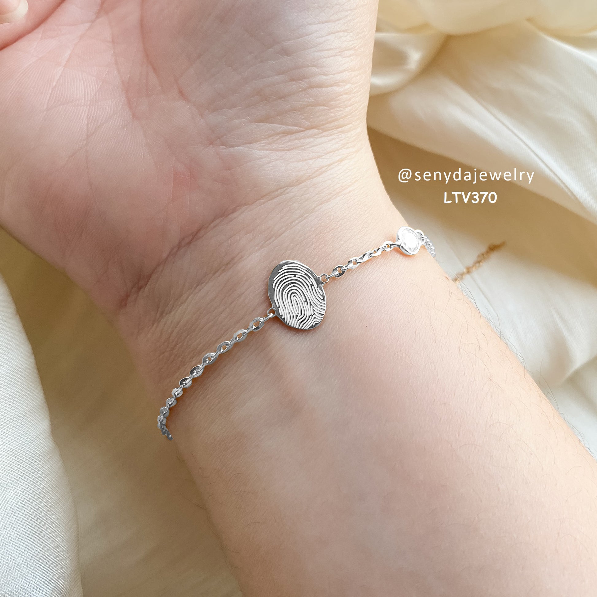 Custom Engraved Fingerprint Oval Disc Bracelet With Stone