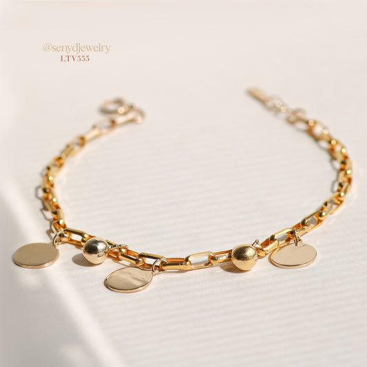 Senyda 10K Solid Gold Paperclip Chain Bracelet With Round Tag And Bead