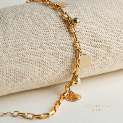 Senyda 10K Solid Gold Paperclip Chain Bracelet With Round Tag And Bead