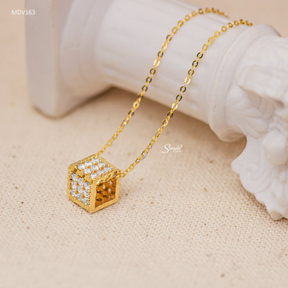 14K Solid Gold Pavé Cube Pendant Necklace