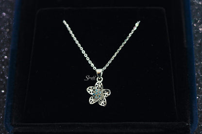 10K Solid Gold Flower Blue Diamonds Pendant Necklace