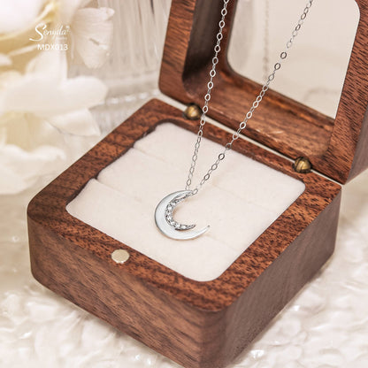 14K Solid White Gold Double Moon White Diamonds Pendant Necklace