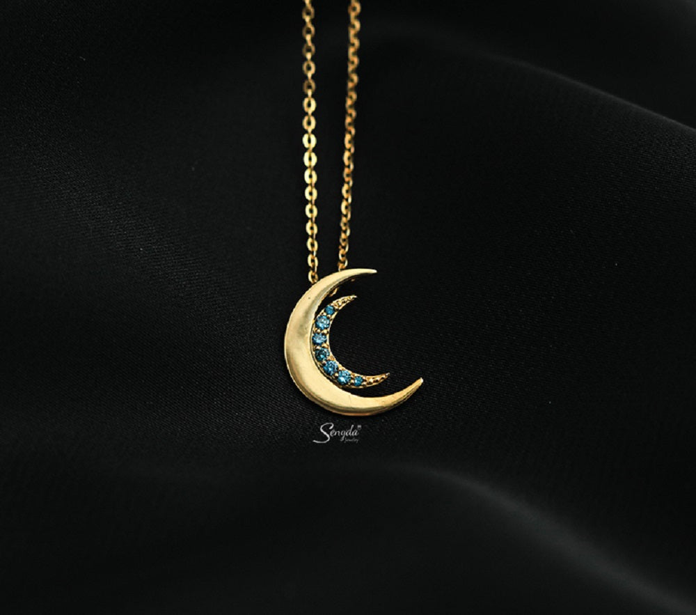 Senyda 10K Solid Gold Moon Blue Diamonds Pendant