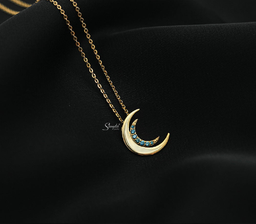 Senyda 10K Solid Gold Moon Blue Diamonds Pendant