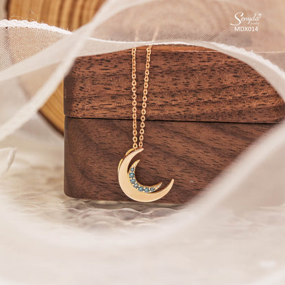 10K Solid Gold Moon Blue Diamonds Pendant Necklace