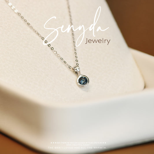 Senyda 14K Solid Gold Bezel Setting Blue Diamond Solitaire Necklace