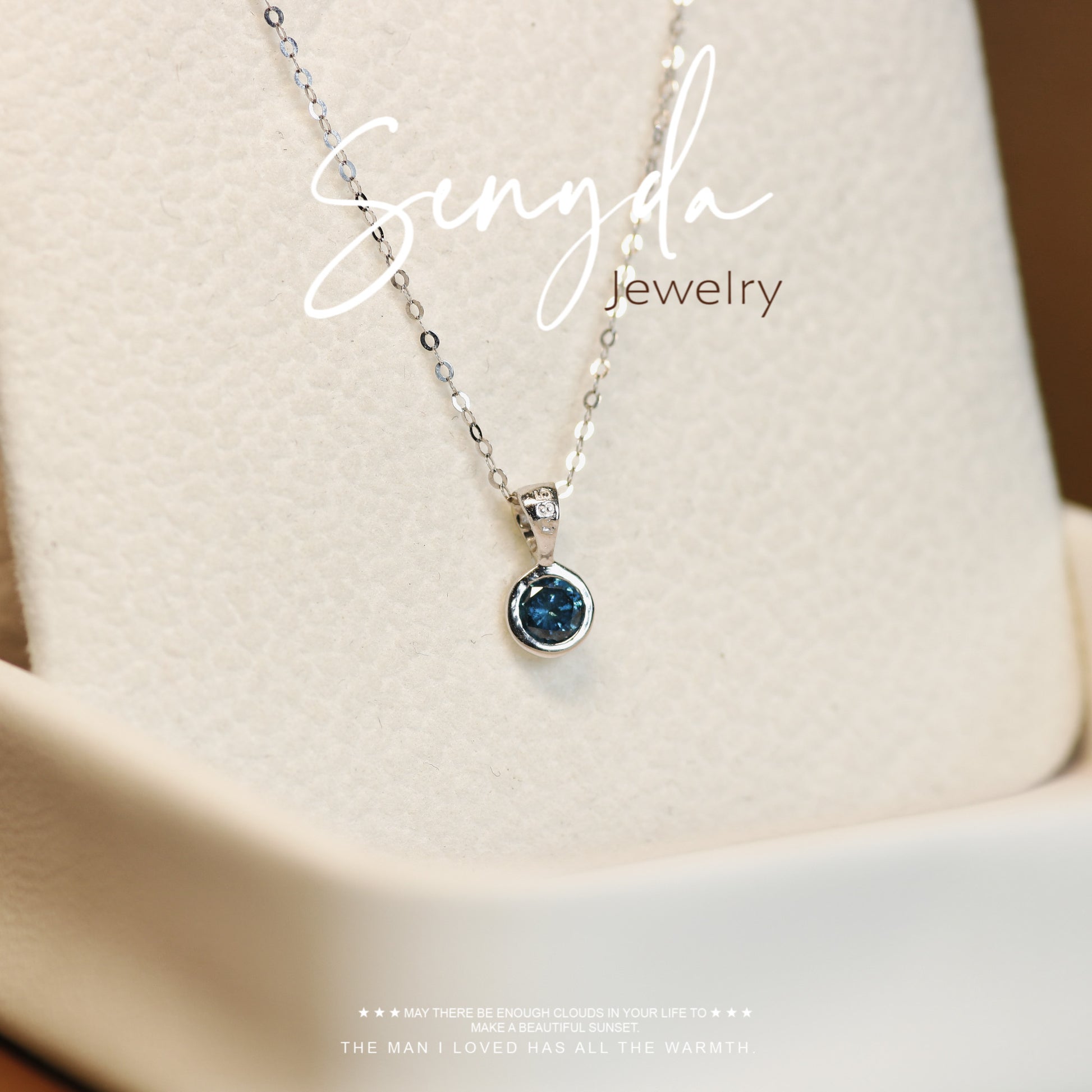 Senyda 14K Solid Gold Bezel Setting Blue Diamond Solitaire Necklace