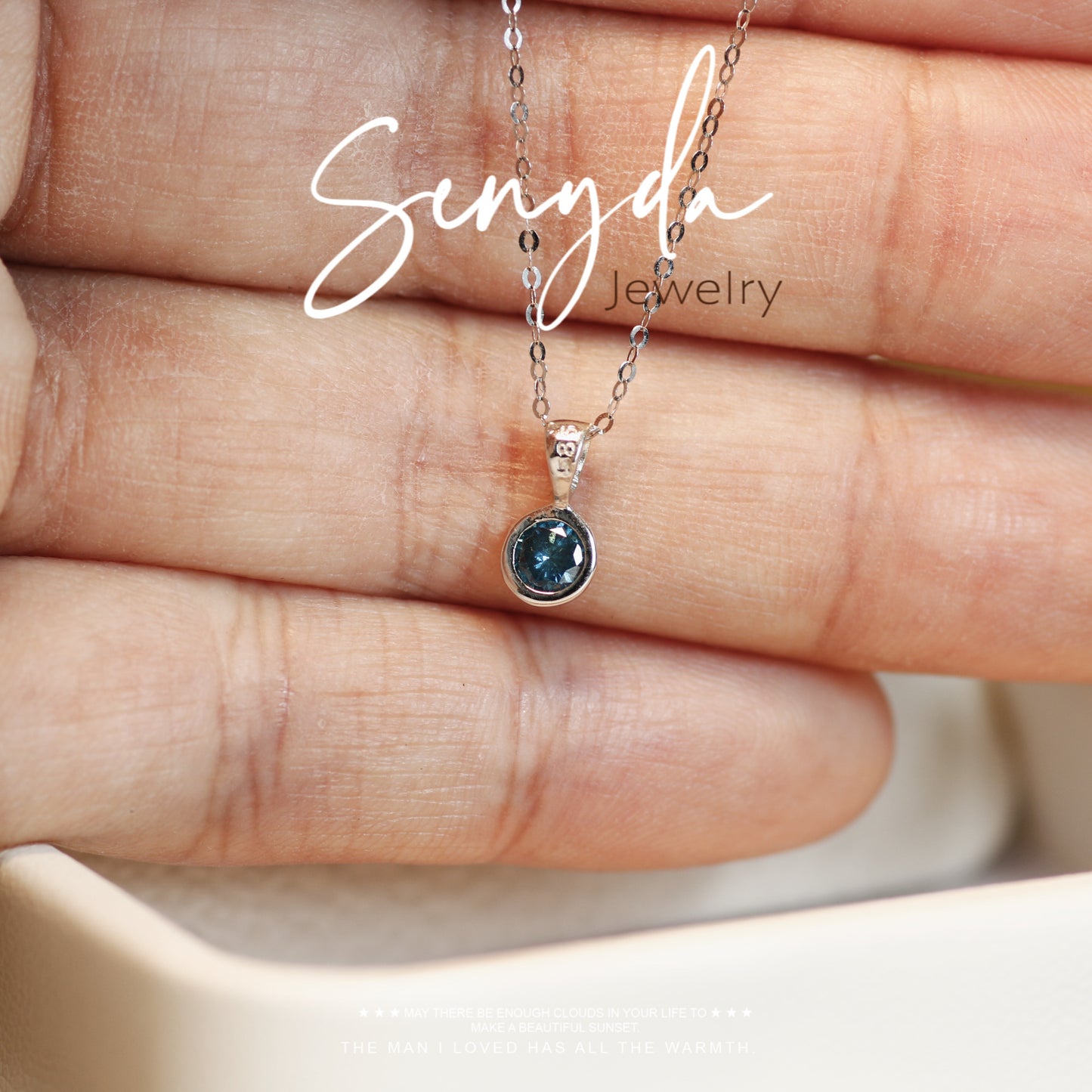 Senyda 14K Solid Gold Bezel Setting Blue Diamond Solitaire Necklace