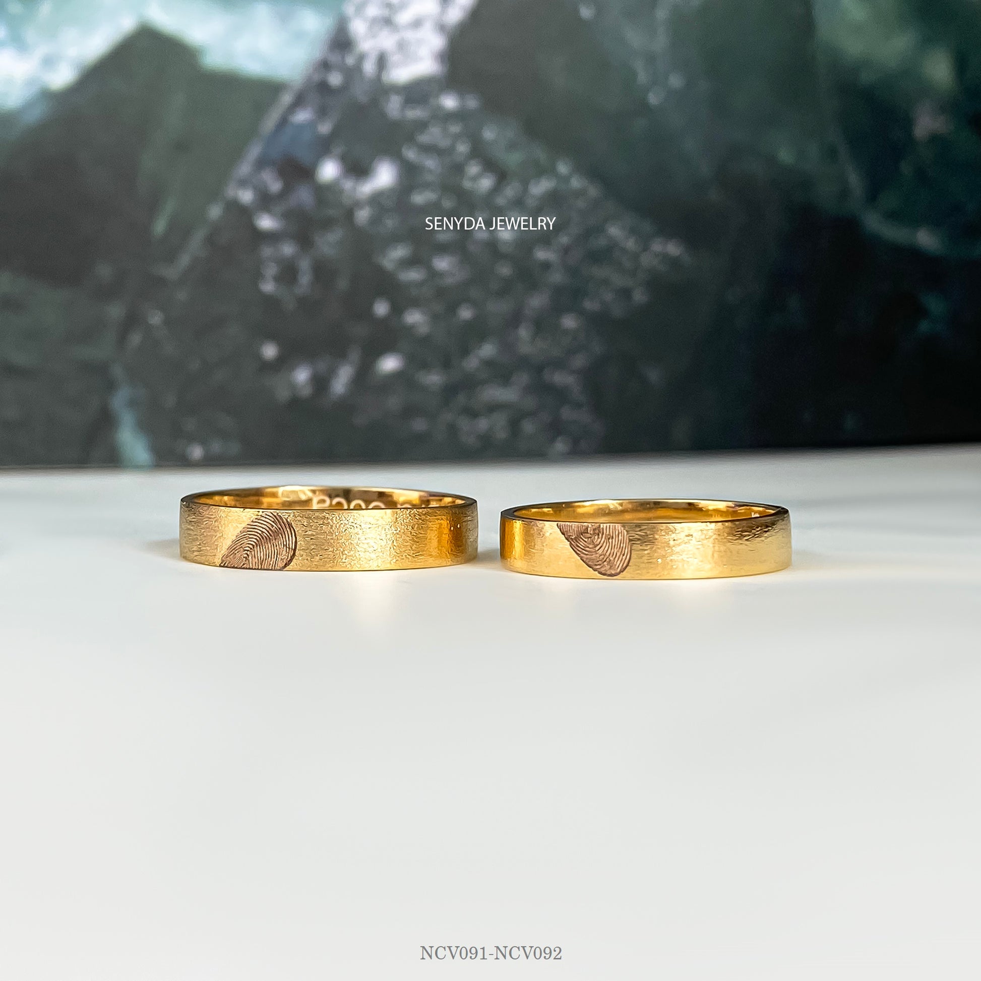 Matte Surface Wedding Ring With Fingerprint Heart And Custom Name