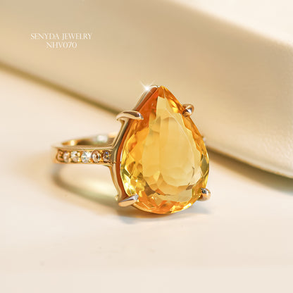 Senyda 10K Solid Gold Pear - Shaped Brilliant Cut Natural Citrine Ring