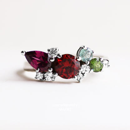 10K Solid Gold Cluster Multicolor Gemstones Ring