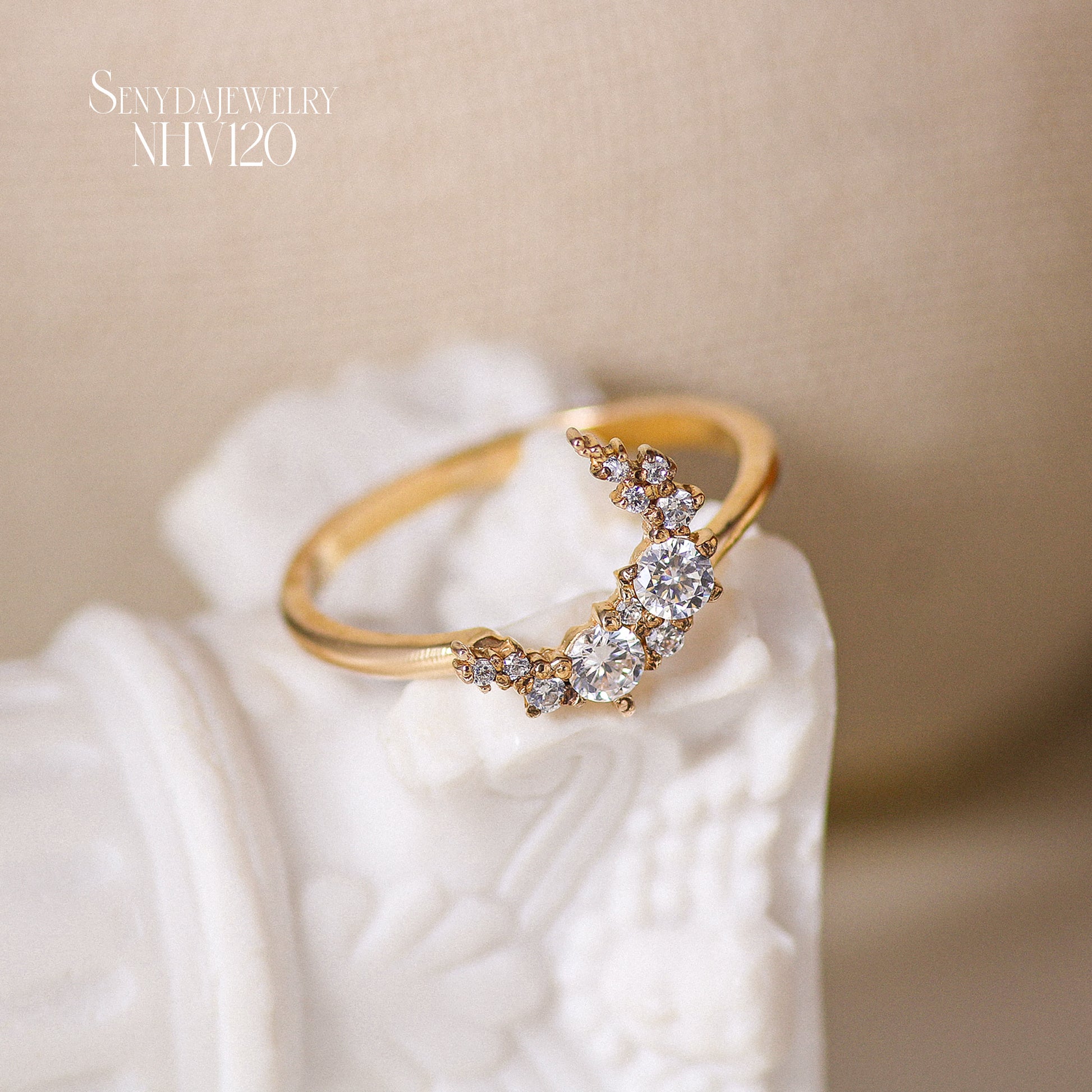 10K Solid Gold Sparkling Moon Ring