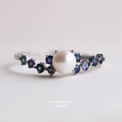 10K Solid Gold Freshwater Pearl And Sapphires Ring