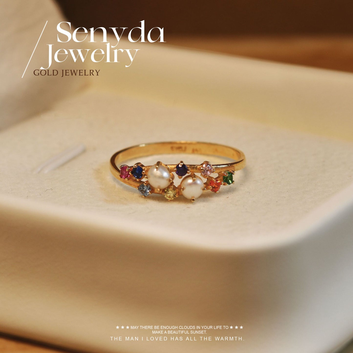 Senyda 10K Solid Gold Natural Pearls and Cubic Zirconia Ring