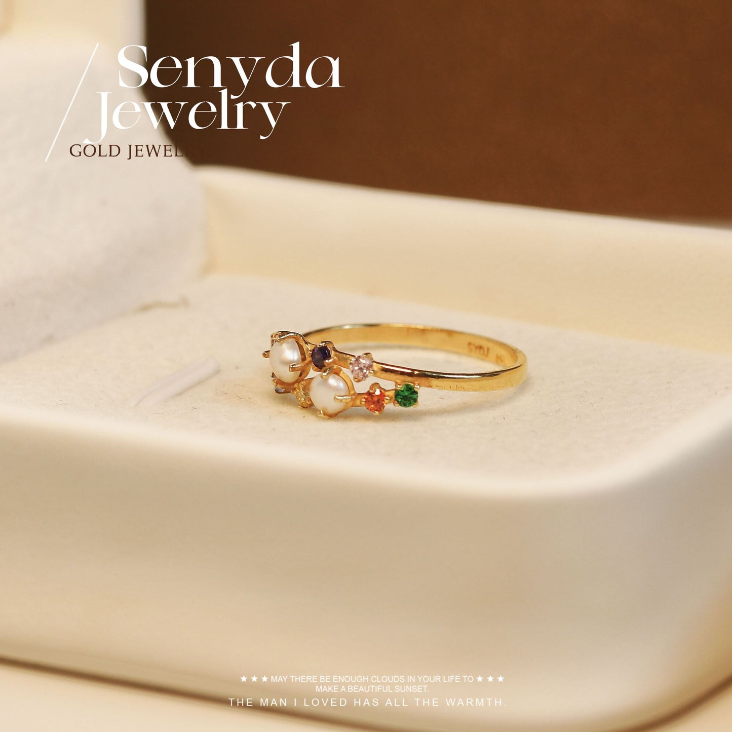 Senyda 10K Solid Gold Natural Pearls and Cubic Zirconia Ring