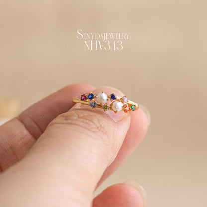 10K Solid Gold Pearls And Multicolor Cubic Zirconia Ring