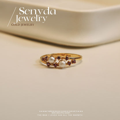 Senyda 10K Solid Gold Ring with Natural Gemstones and Pearls