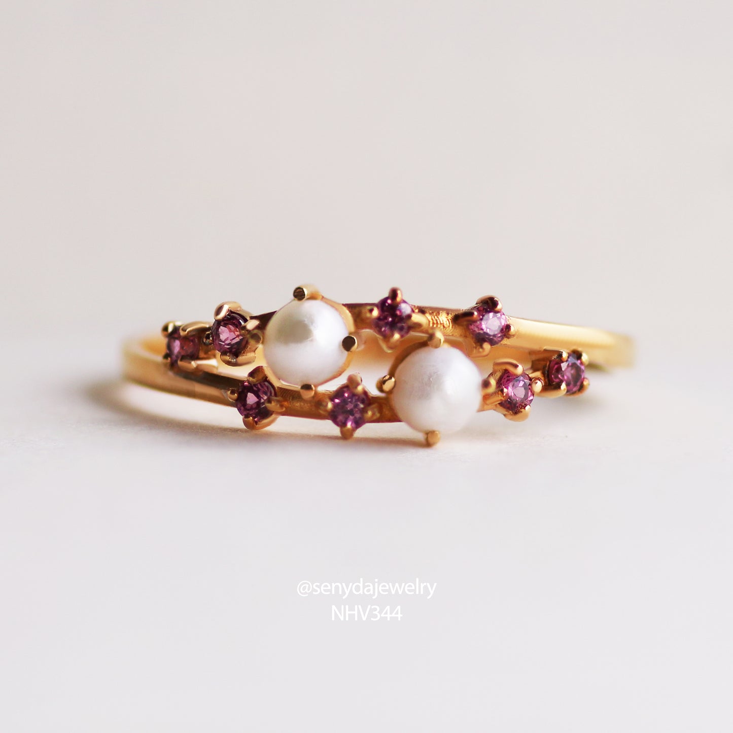 Senyda 10K Solid Gold Ring with Natural Gemstones and Pearls