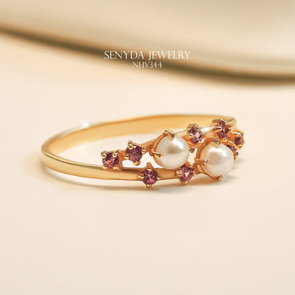 10K Solid Gold Garnets and Pearls Ring