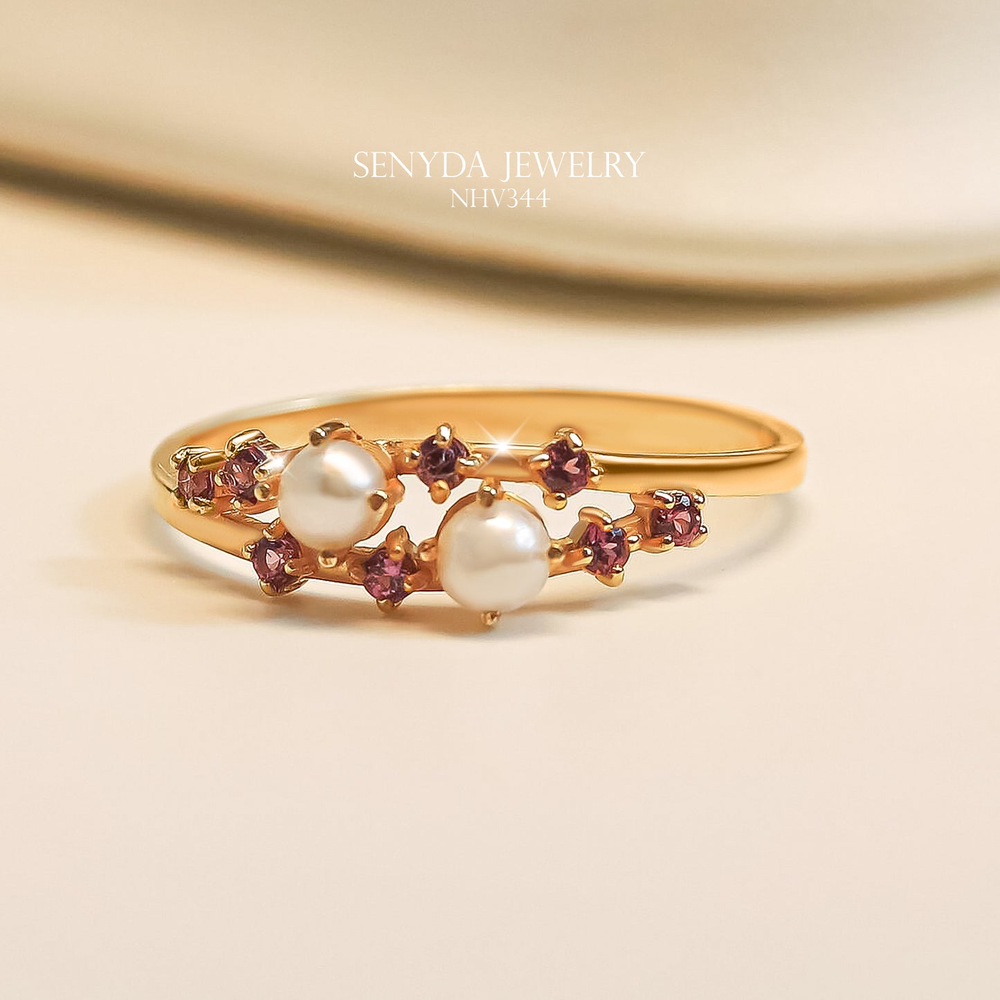 10K Solid Gold Garnets and Pearls Ring