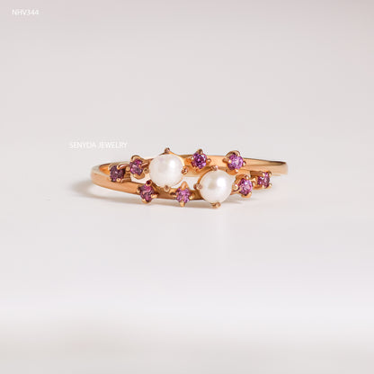 Senyda 10K Solid Gold Ring with Natural Gemstones and Pearls