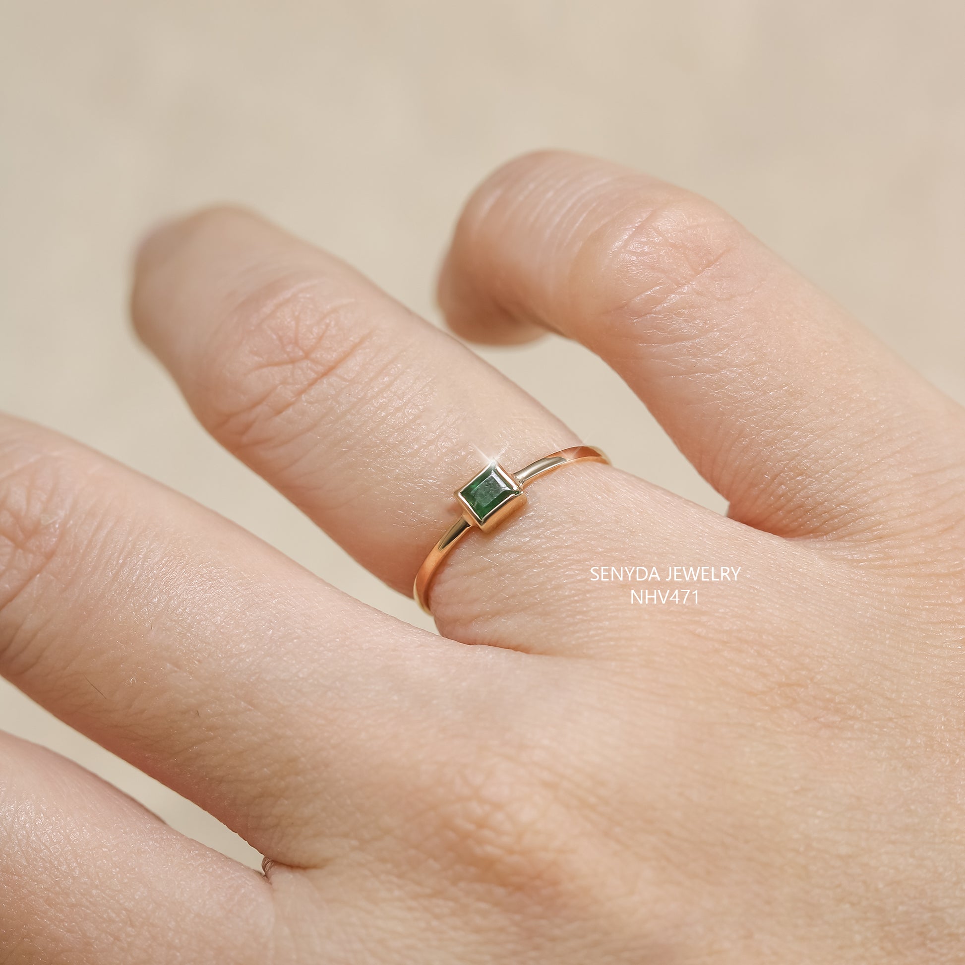 16K Solid Gold Emerald Cut Emerald Solitaire Ring