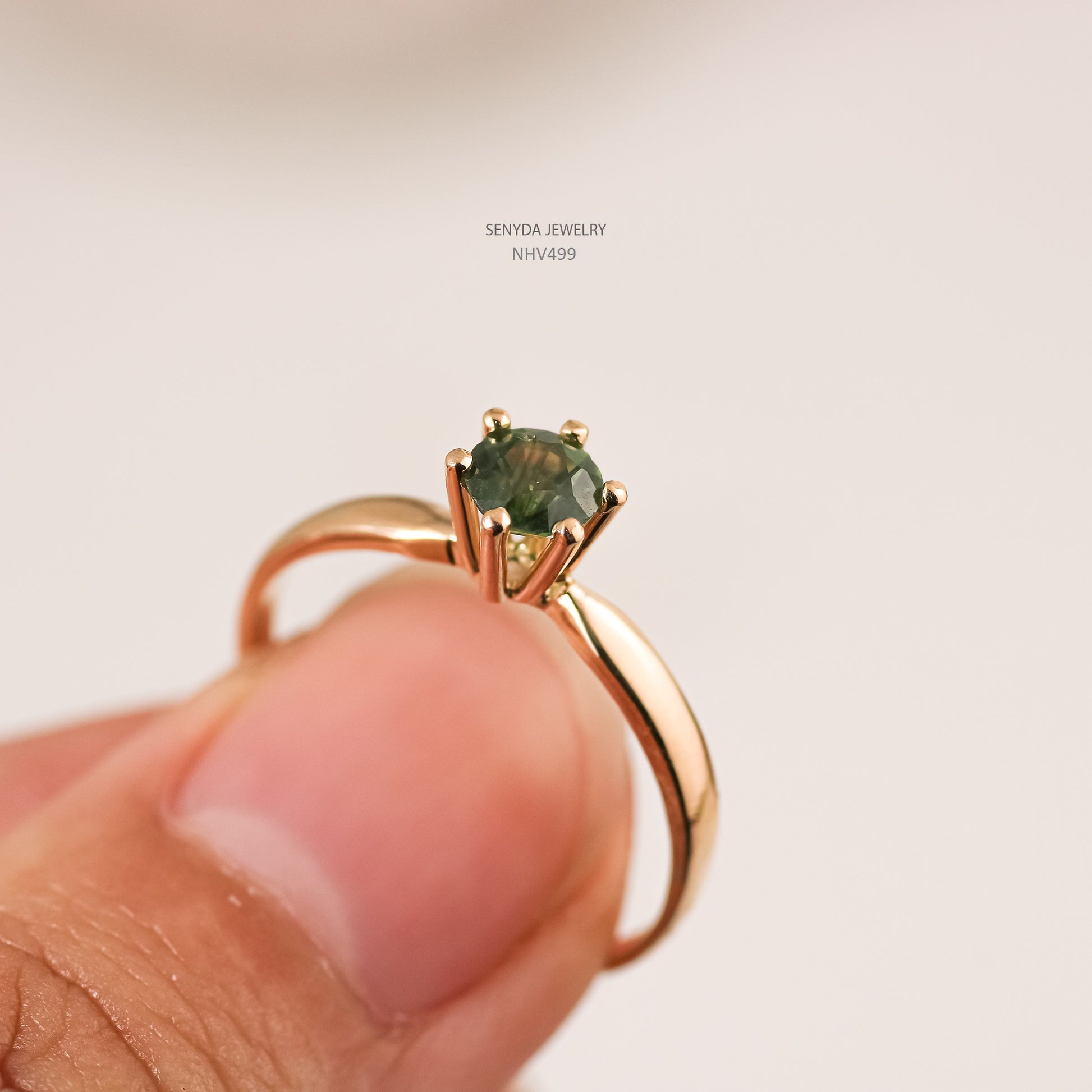 Senyda 16K Solid Gold Round - Shaped Brilliant Cut Natural Green Sapphire Ring