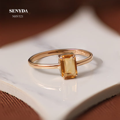 Senyda 16K Solid Gold Emerald - Shaped Brilliant Cut Natural Golden Citrine Ring