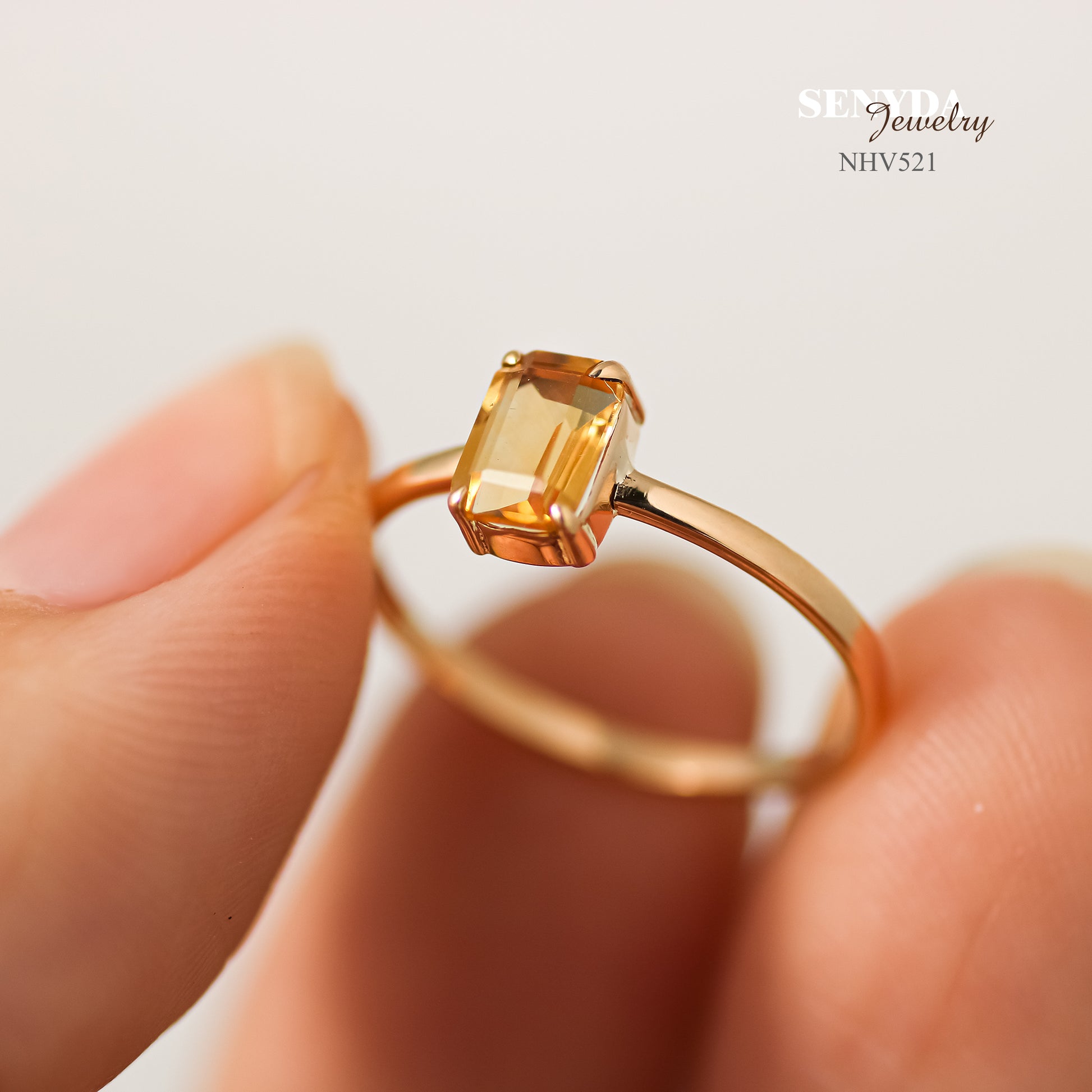 Senyda 16K Solid Gold Emerald - Shaped Brilliant Cut Natural Golden Citrine Ring