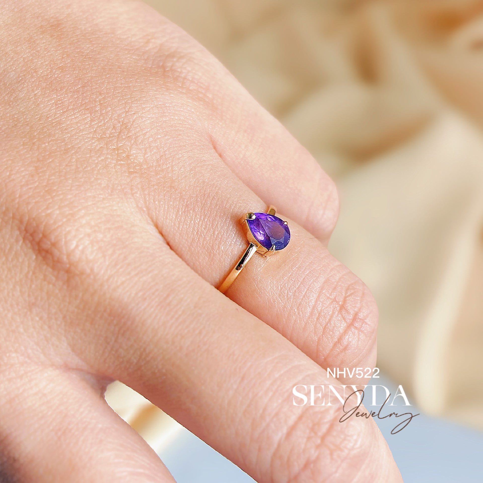 Senyda 16K Solid Gold Pear - Shaped Brilliant Cut Natural Amethyst Ring