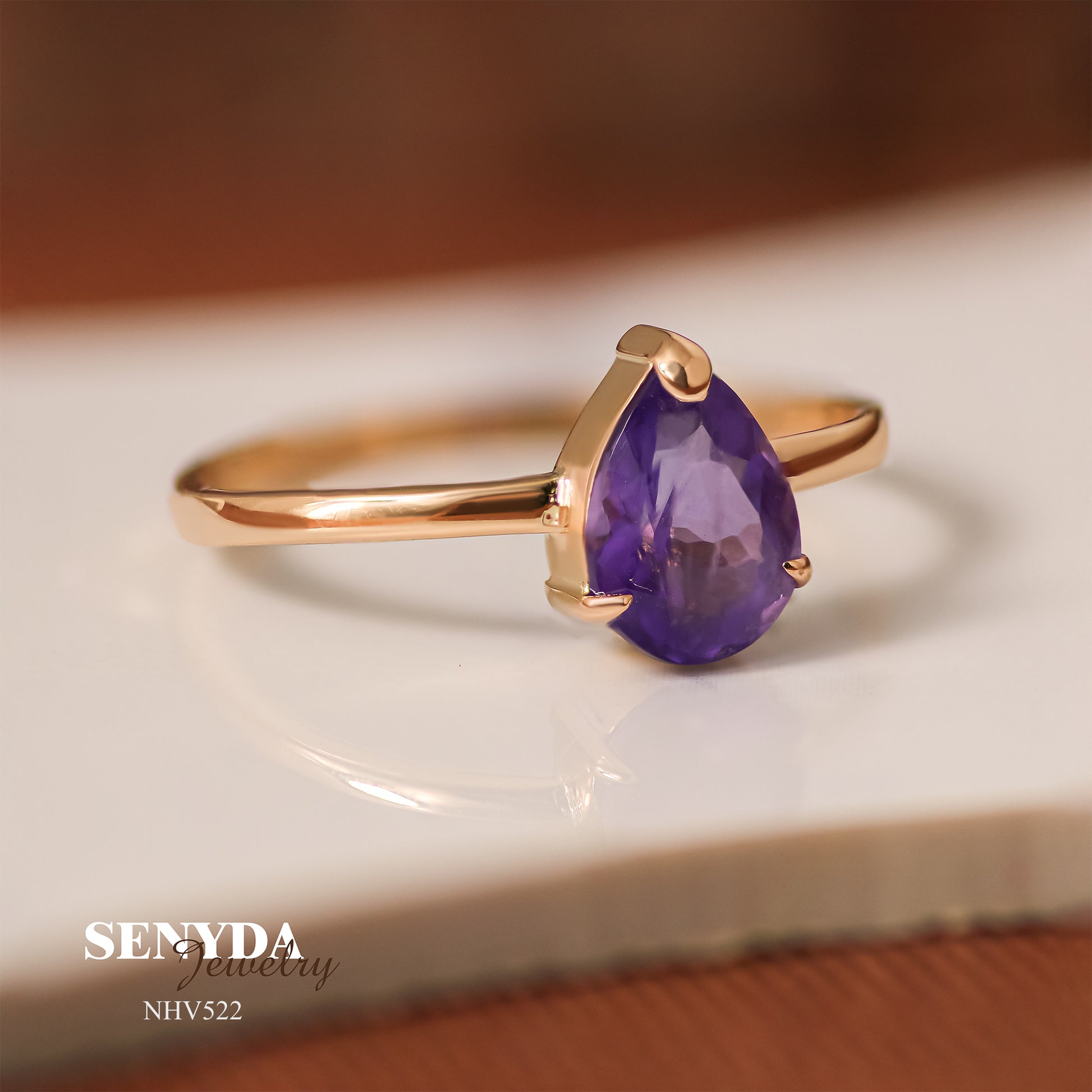 Senyda 16K Solid Gold Pear - Shaped Brilliant Cut Natural Amethyst Ring