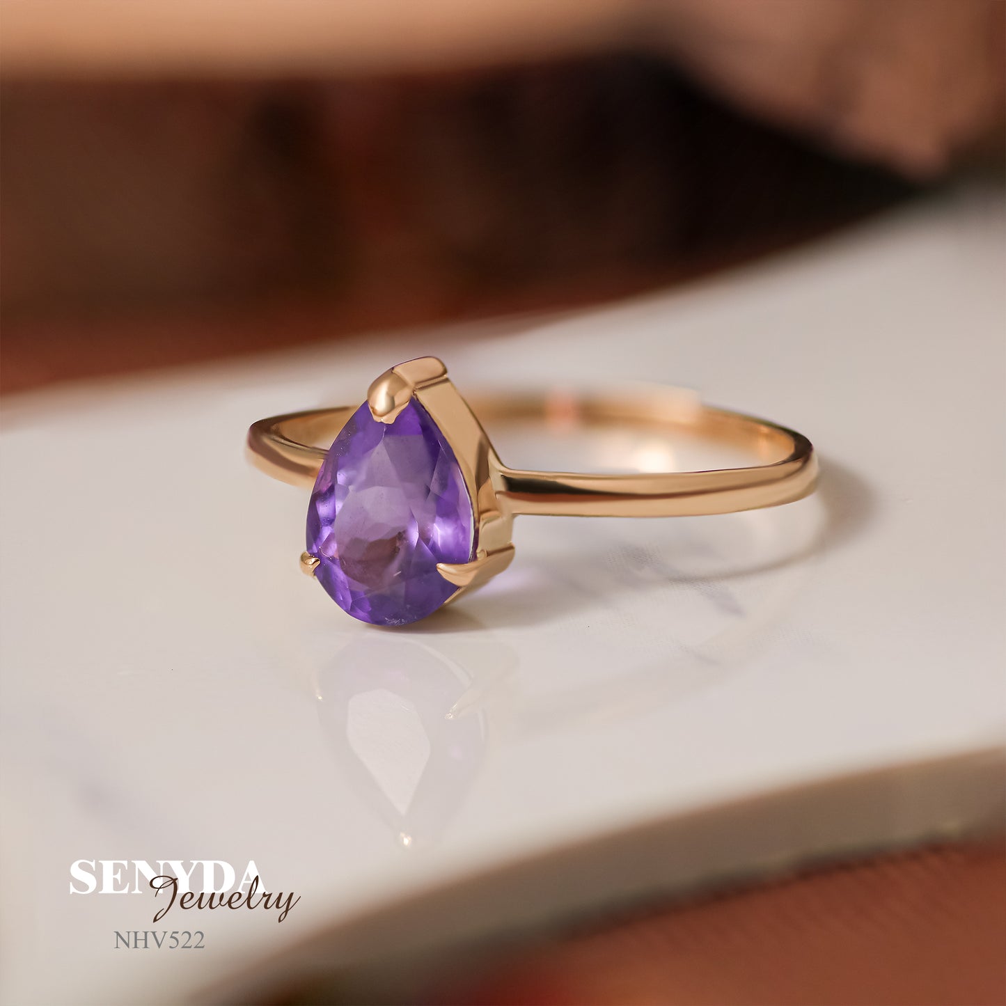 Senyda 16K Solid Gold Pear - Shaped Brilliant Cut Natural Amethyst Ring