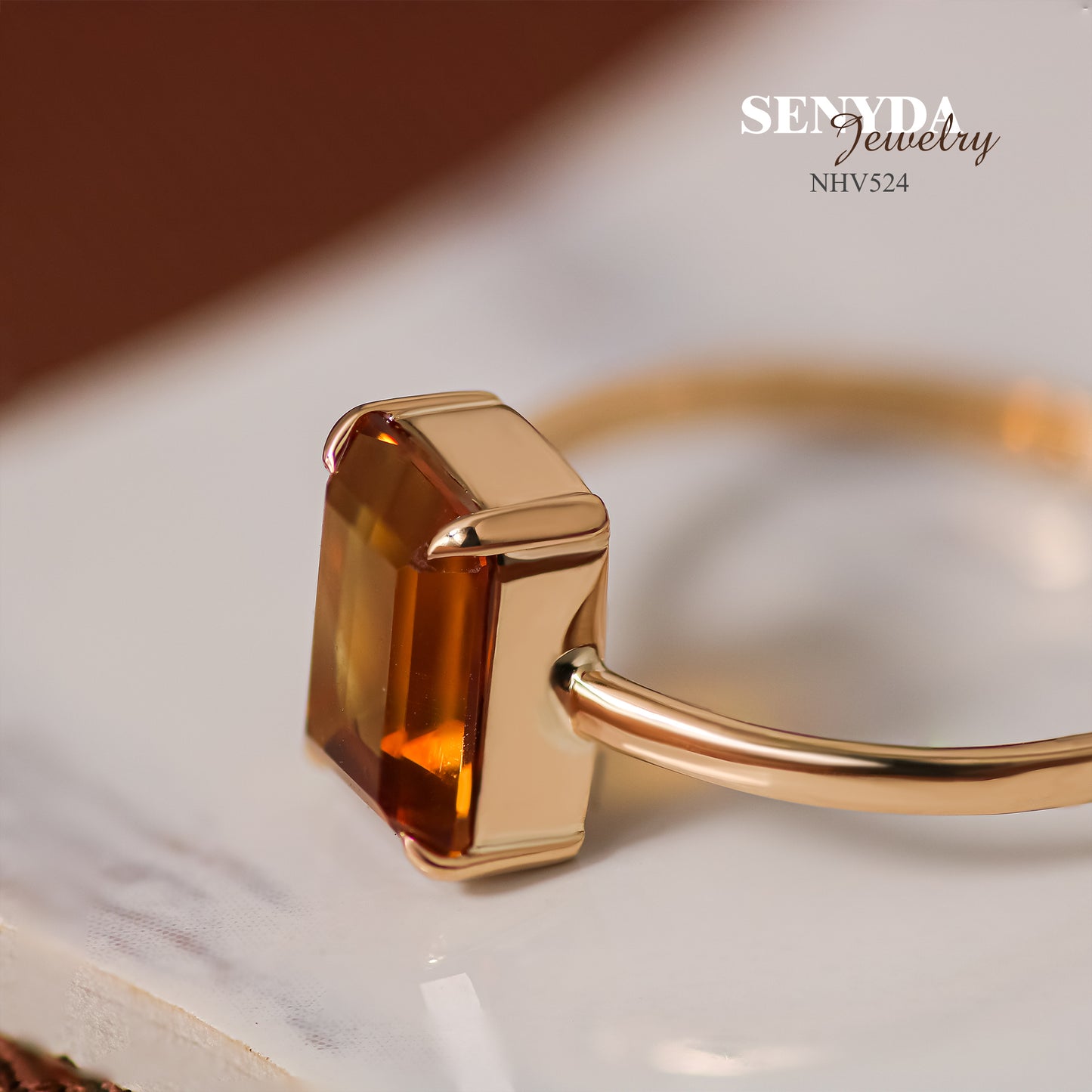 Senyda 16K Solid Gold Emerald - Shaped Brilliant Cut Natural Palmeira Citrine Ring