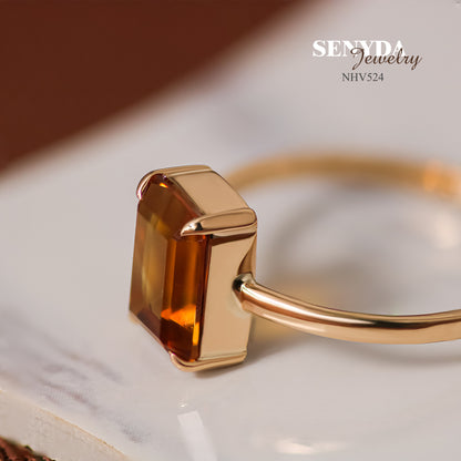 Senyda 16K Solid Gold Emerald - Shaped Brilliant Cut Natural Palmeira Citrine Ring