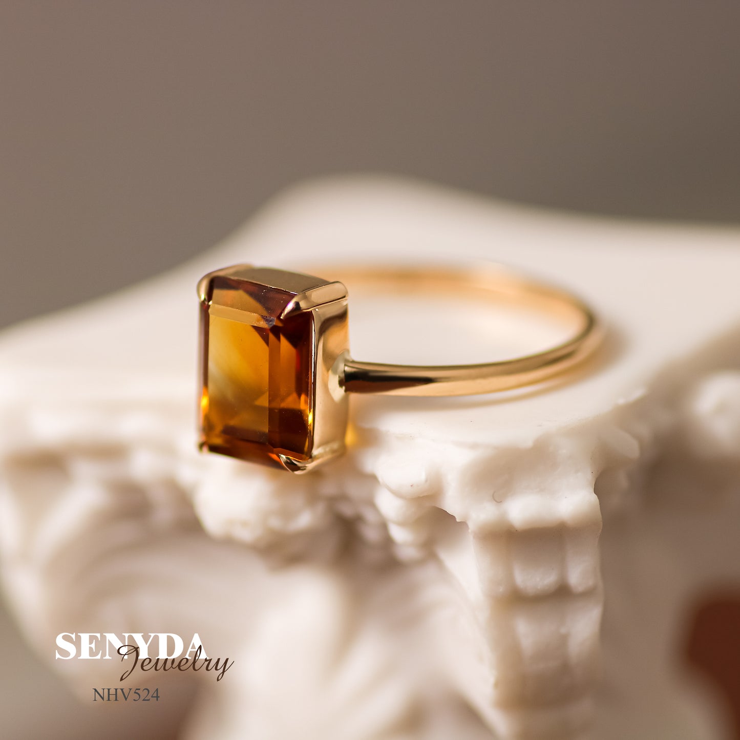 Senyda 16K Solid Gold Emerald - Shaped Brilliant Cut Natural Palmeira Citrine Ring