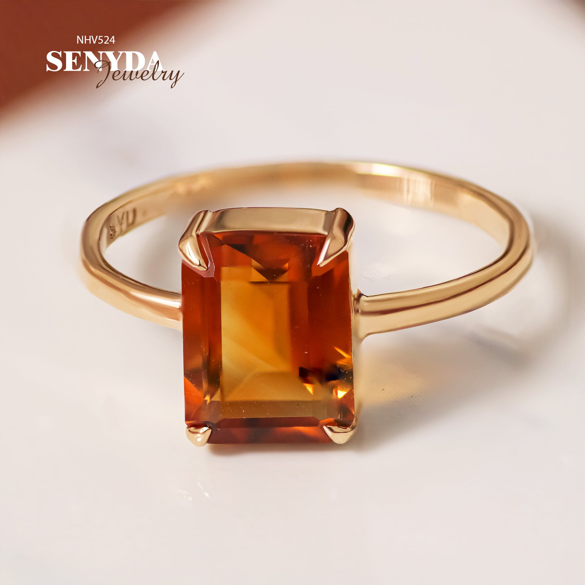 Senyda 16K Solid Gold Emerald - Shaped Brilliant Cut Natural Palmeira Citrine Ring