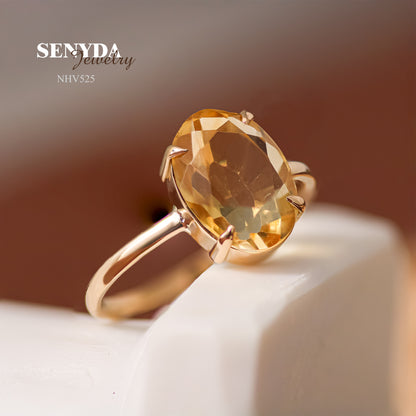 Senyda 16K Solid Gold Oval - Shaped Brilliant Cut Natural Golden Citrine Ring