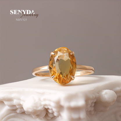 Senyda 16K Solid Gold Oval - Shaped Brilliant Cut Natural Golden Citrine Ring