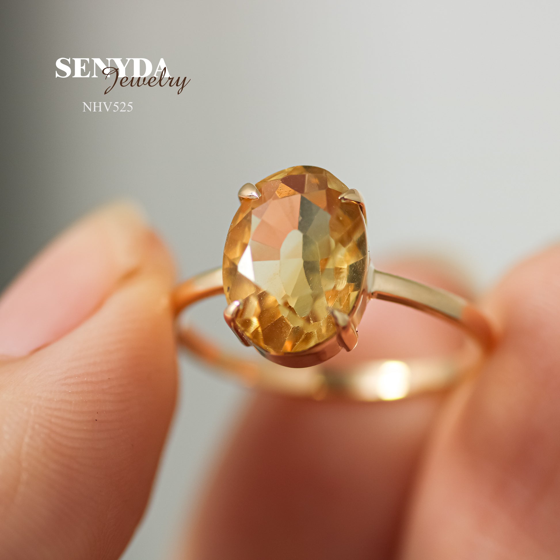 Senyda 16K Solid Gold Oval - Shaped Brilliant Cut Natural Golden Citrine Ring