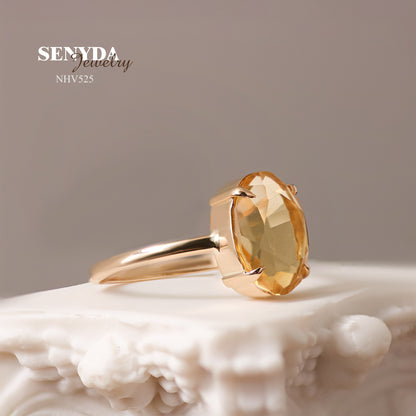 Senyda 16K Solid Gold Oval - Shaped Brilliant Cut Natural Golden Citrine Ring