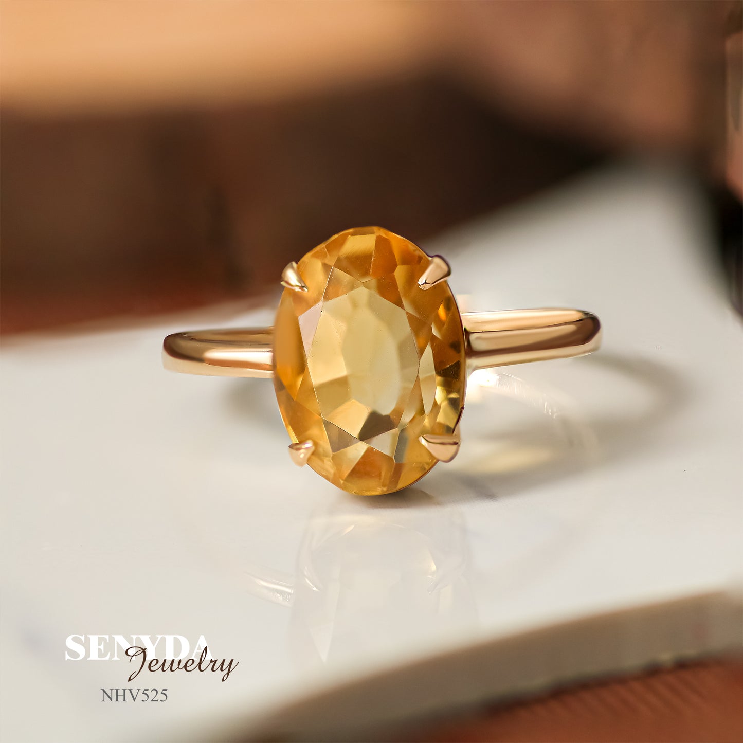 Senyda 16K Solid Gold Oval - Shaped Brilliant Cut Natural Golden Citrine Ring