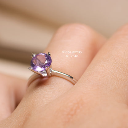 Senyda 10K Solid Gold Round - Shaped Brilliant Cut Natural Amethyst Ring