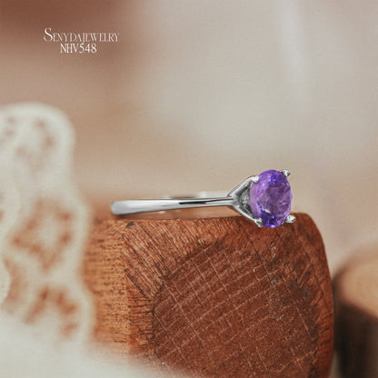 10K Solid Gold Round - Shaped Brilliant Cut Natural Amethyst Ring