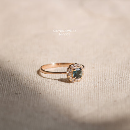 Senyda 16K Solid Gold Mini Cushion Cut Zircon Halo Ring