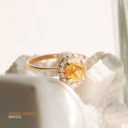 16K Solid Gold Mini Cushion Cut Citrine Halo Ring