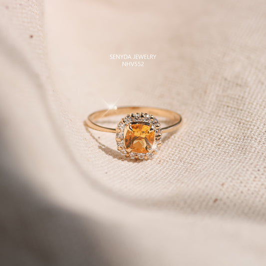 Senyda 16K Solid Gold Mini Cushion Cut Citrine Halo Ring